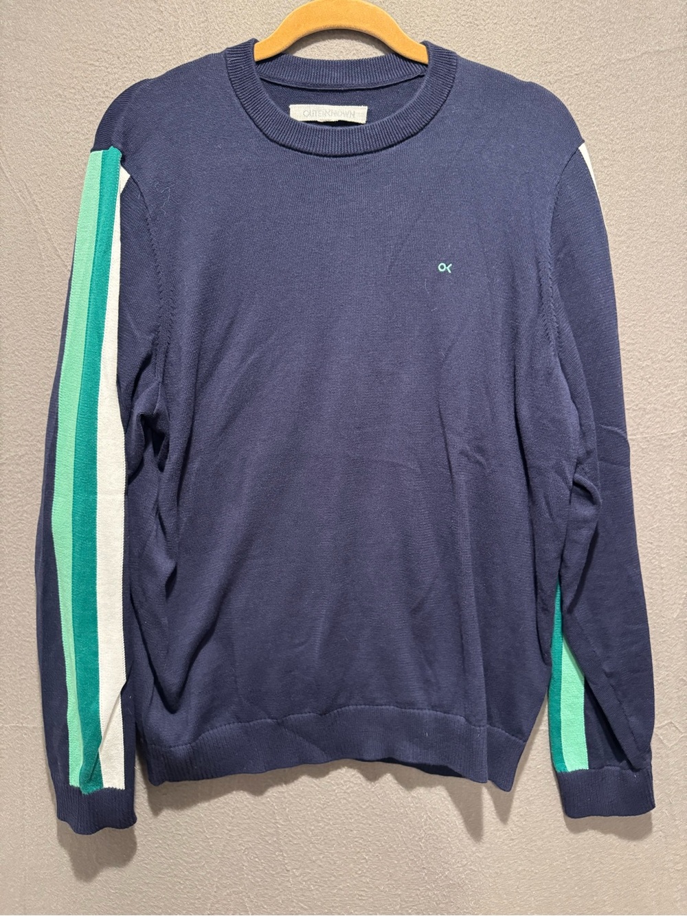 Outerknown Nostalgia Navy Crewneck Sweat - Teal & White Sleeve Stripes
